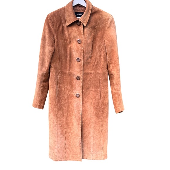Vintage Express Suede Leather Trench Coat Tan Brown Long Button Front Size 7/8 - Picture 1 of 16